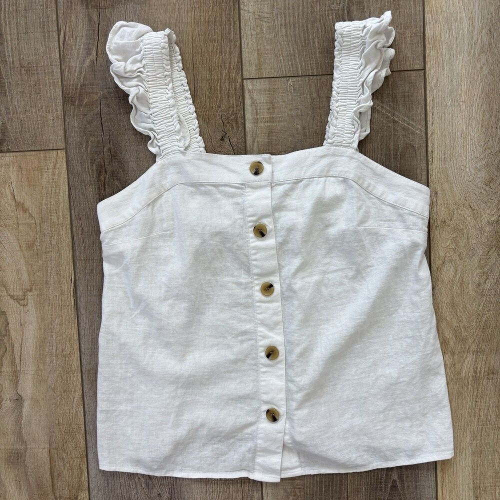 J Crew Womens Ruffle Sleeve Linen Blend Tank Top Size SP White Neutral Capsule